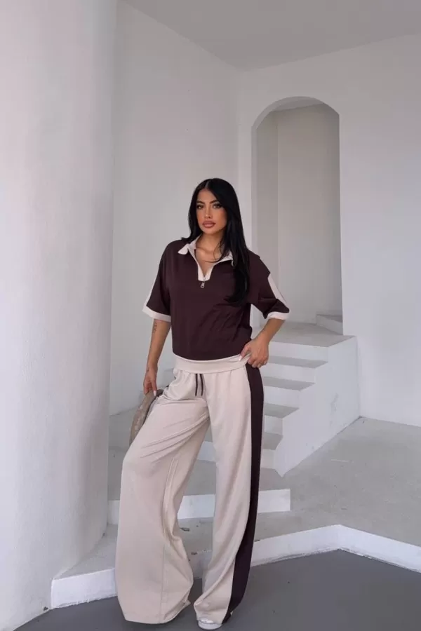 Kahverengi Ekru İkili Kadın Alt Üst Takım