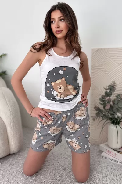 Kahverengi Gri Pamuklu Şort Atlet Kadın Pijama Takımı