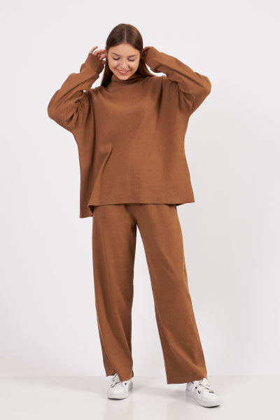 Kahverengi Kadın Kaşkorse Bluz Pantolon Takım