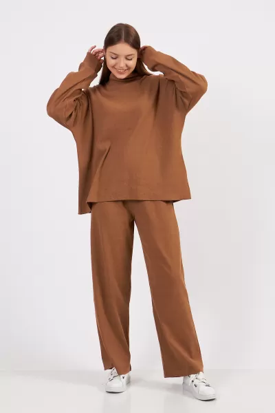 Kahverengi Kadın Kaşkorse Bluz Pantolon Takım