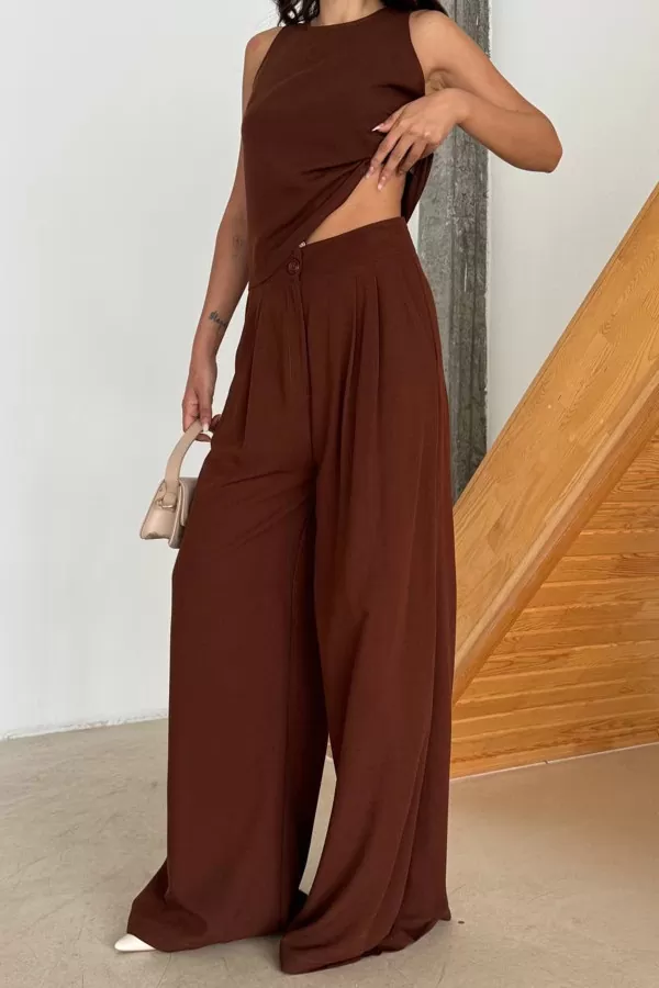 Kahverengi Pamuk Keten Kadın Alt Üst Takım