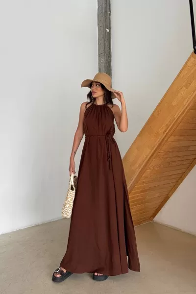 Kahverengi Pamuk Keten Yırtmaçlı Maksi Boy Elbise