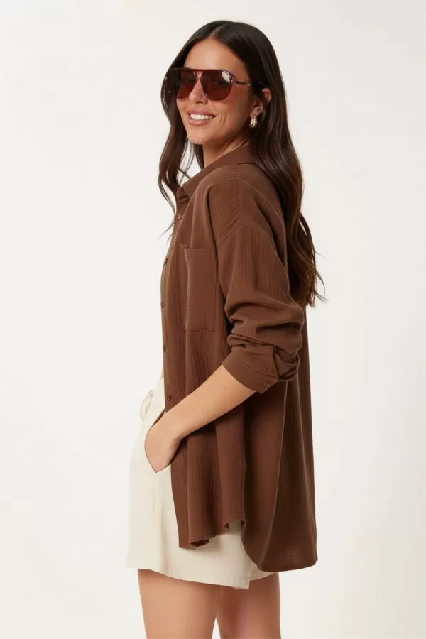 Kahverengi Pamuklu Müslin Kumaş Kadın Gömlek