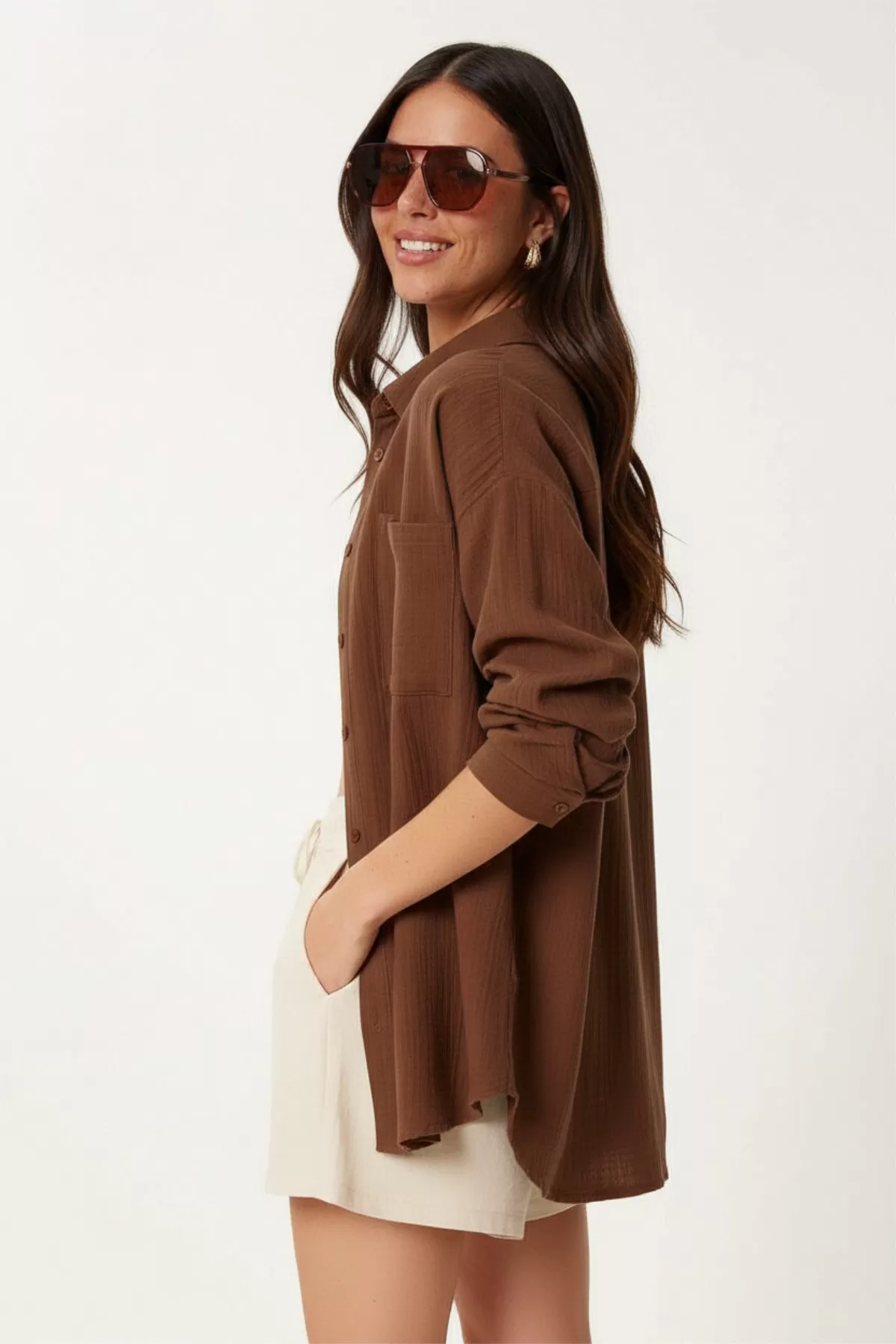 Kahverengi Pamuklu Müslin Kumaş Kadın Gömlek