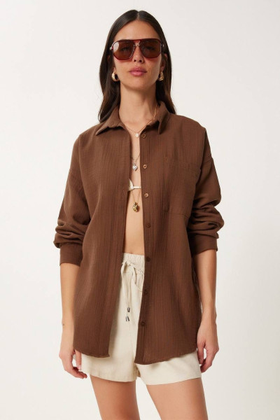 Kahverengi Pamuklu Müslin Kumaş Kadın Gömlek
