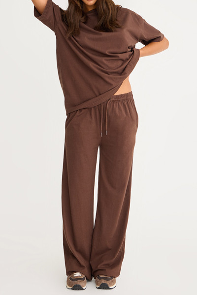 Kahverengi Pamuklu Oversize Tişört Pantolon Kadın Alt Üst Takım