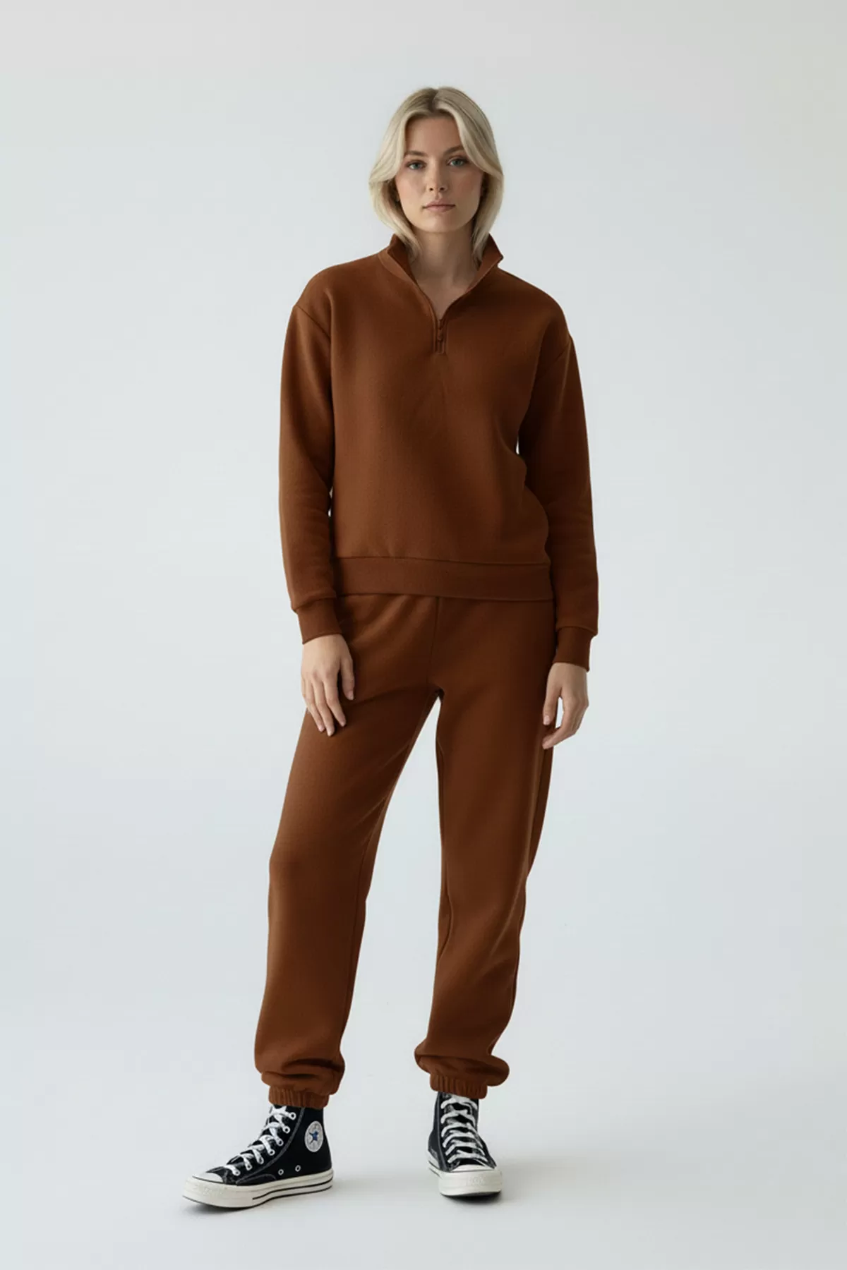 Kahverengi Pamuklu Üç İplik Şardonlu Kadın Eşofman Takımı