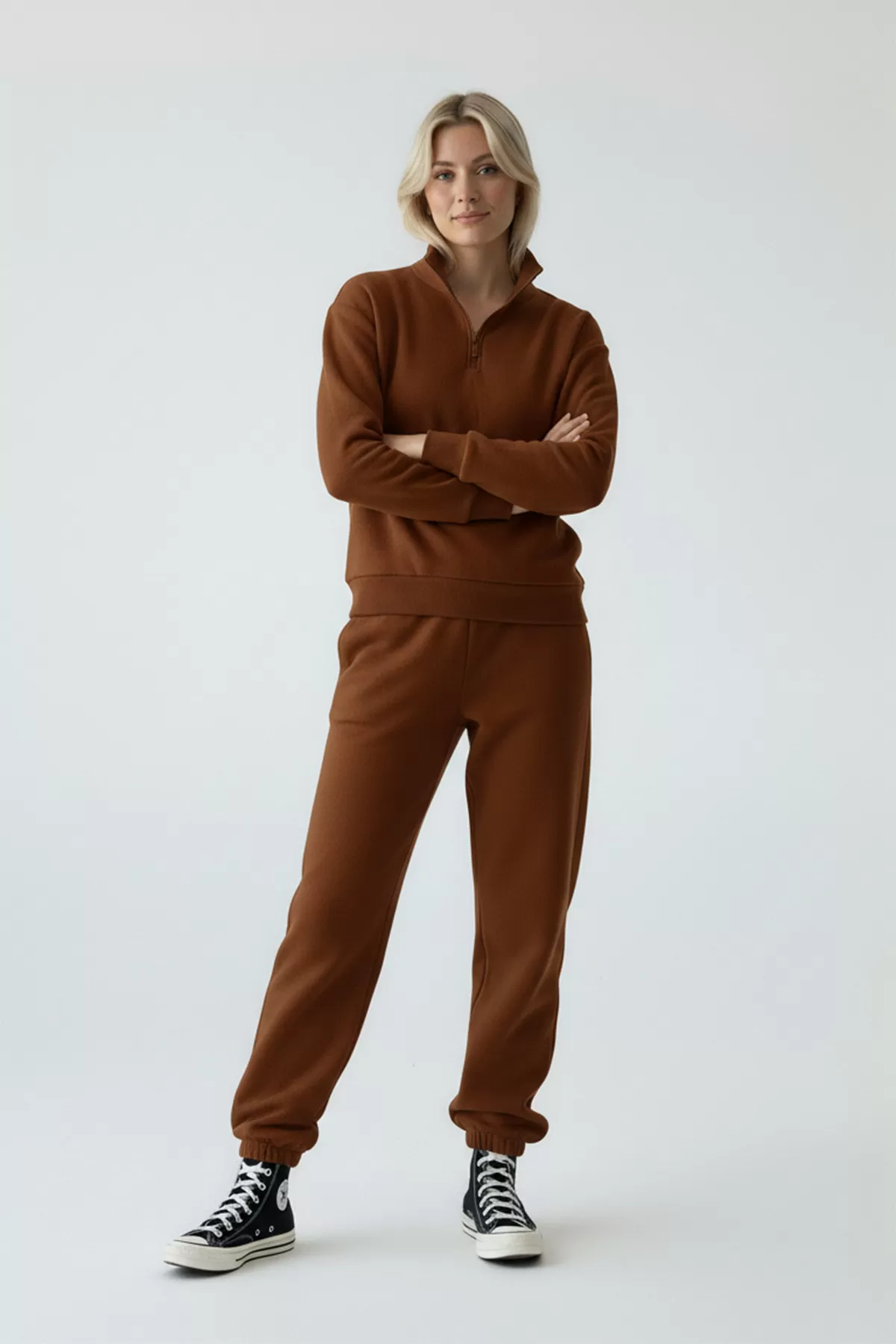 Kahverengi Pamuklu Üç İplik Şardonlu Kadın Eşofman Takımı