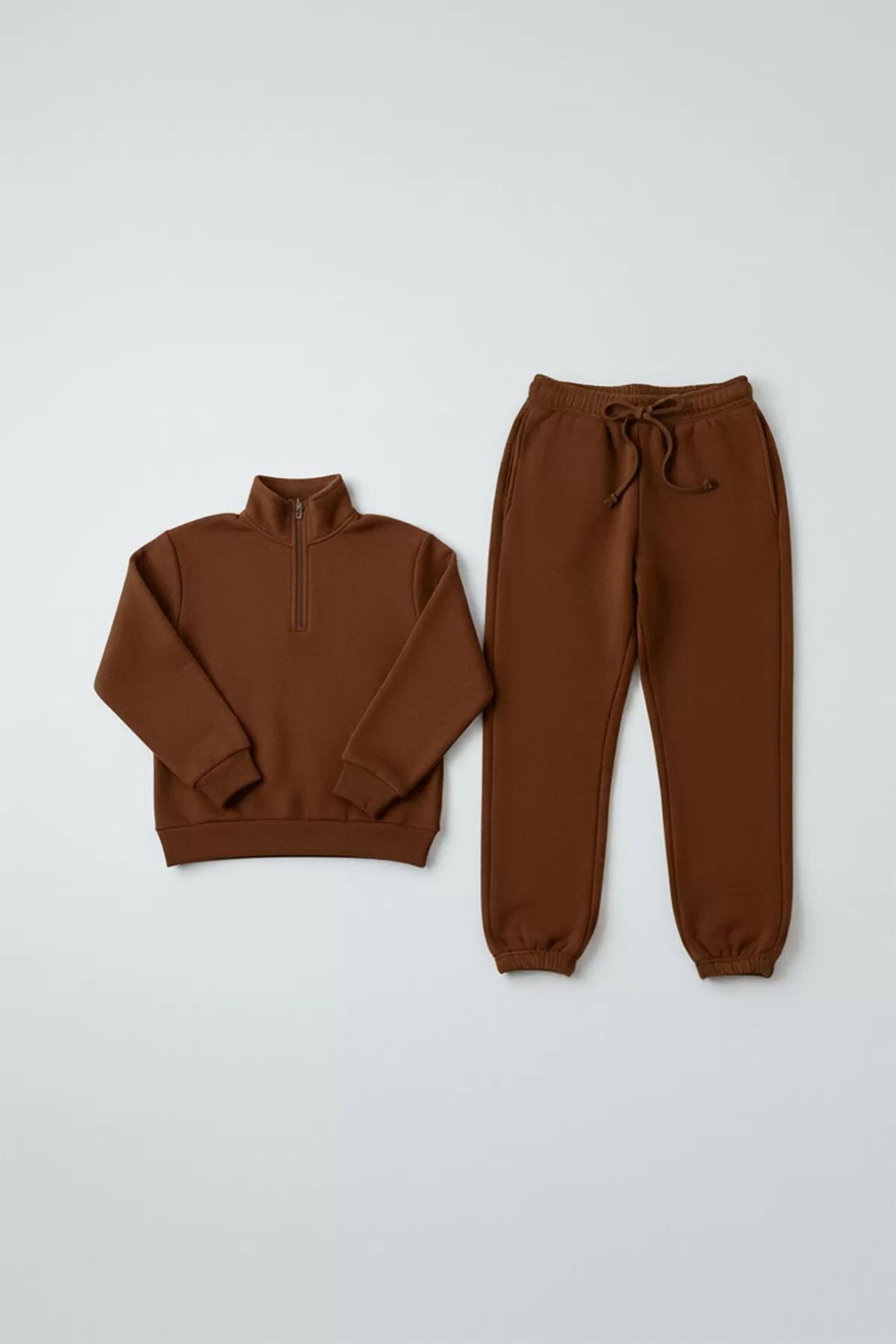 Kahverengi Pamuklu Üç İplik Şardonlu Kadın Eşofman Takımı