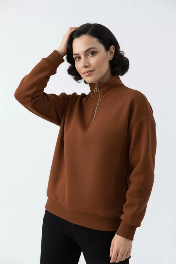 Kahverengi Pamuklu Üç İplik Şardonlu Kadın Sweatshirt