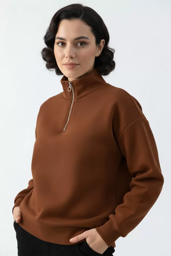 Kahverengi Pamuklu Üç İplik Şardonlu Kadın Sweatshirt