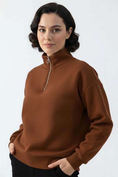 Kahverengi Pamuklu Üç İplik Şardonlu Kadın Sweatshirt