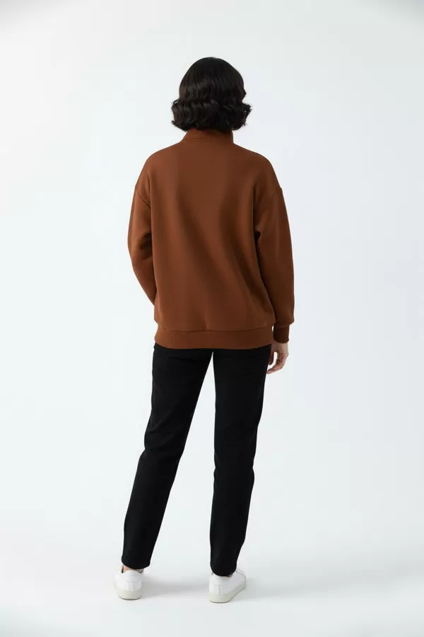 Kahverengi Pamuklu Üç İplik Şardonlu Kadın Sweatshirt