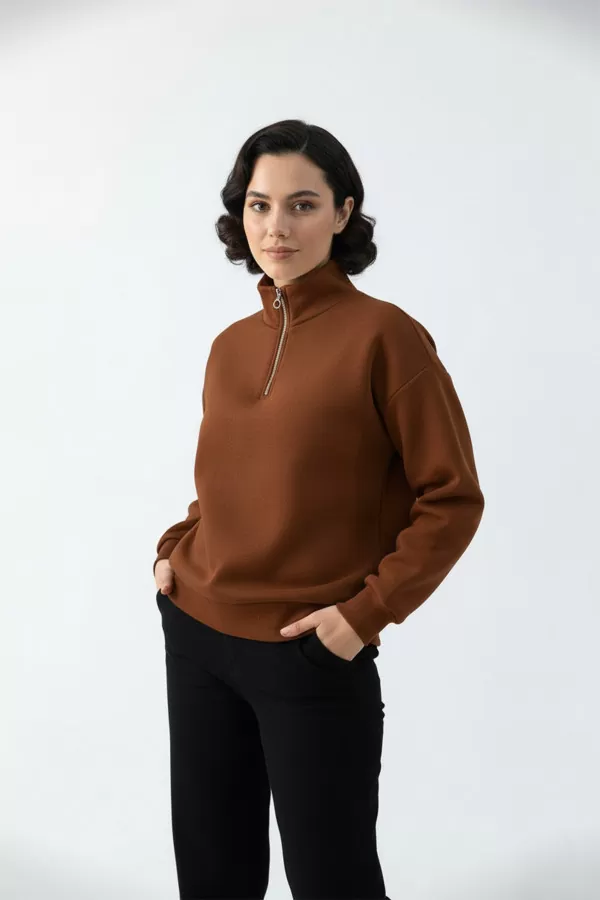 Kahverengi Pamuklu Üç İplik Şardonlu Kadın Sweatshirt