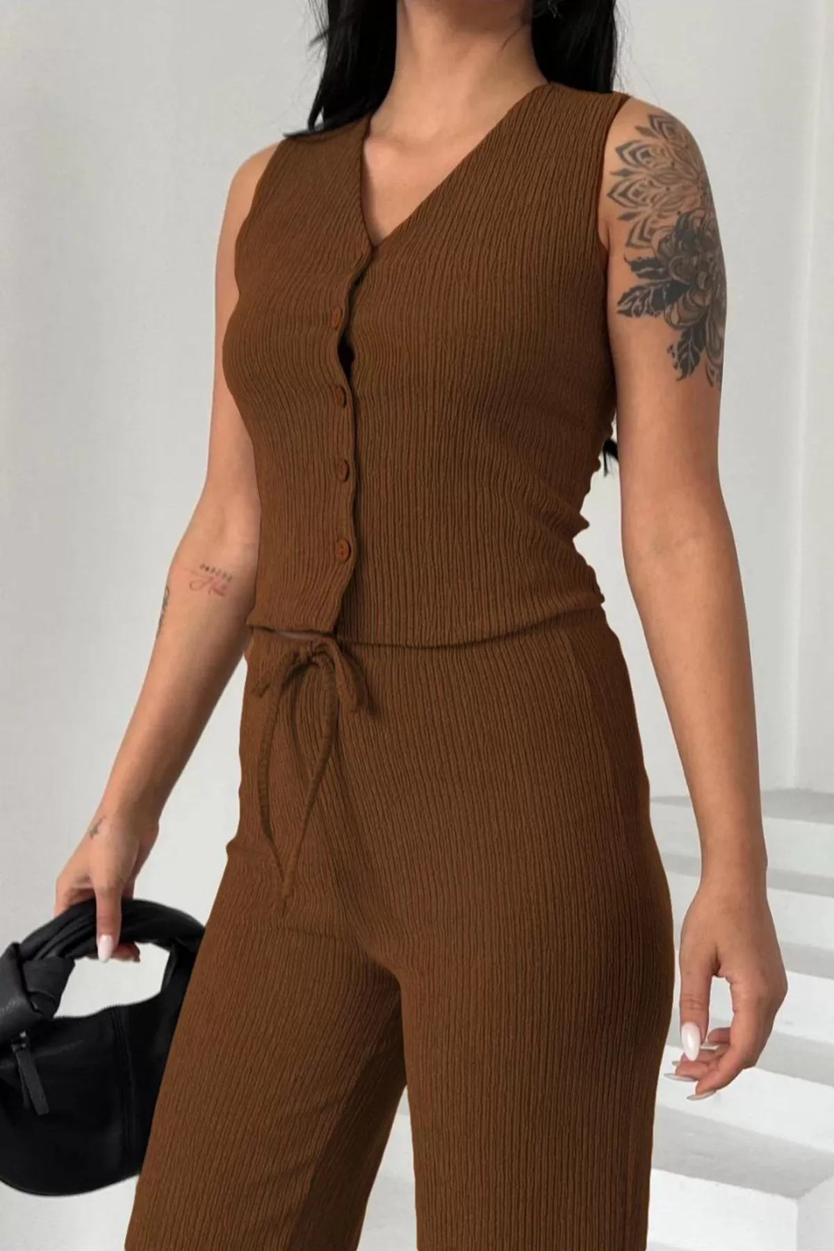 Kahverengi Pantolon Bluz Alt Üst Takım