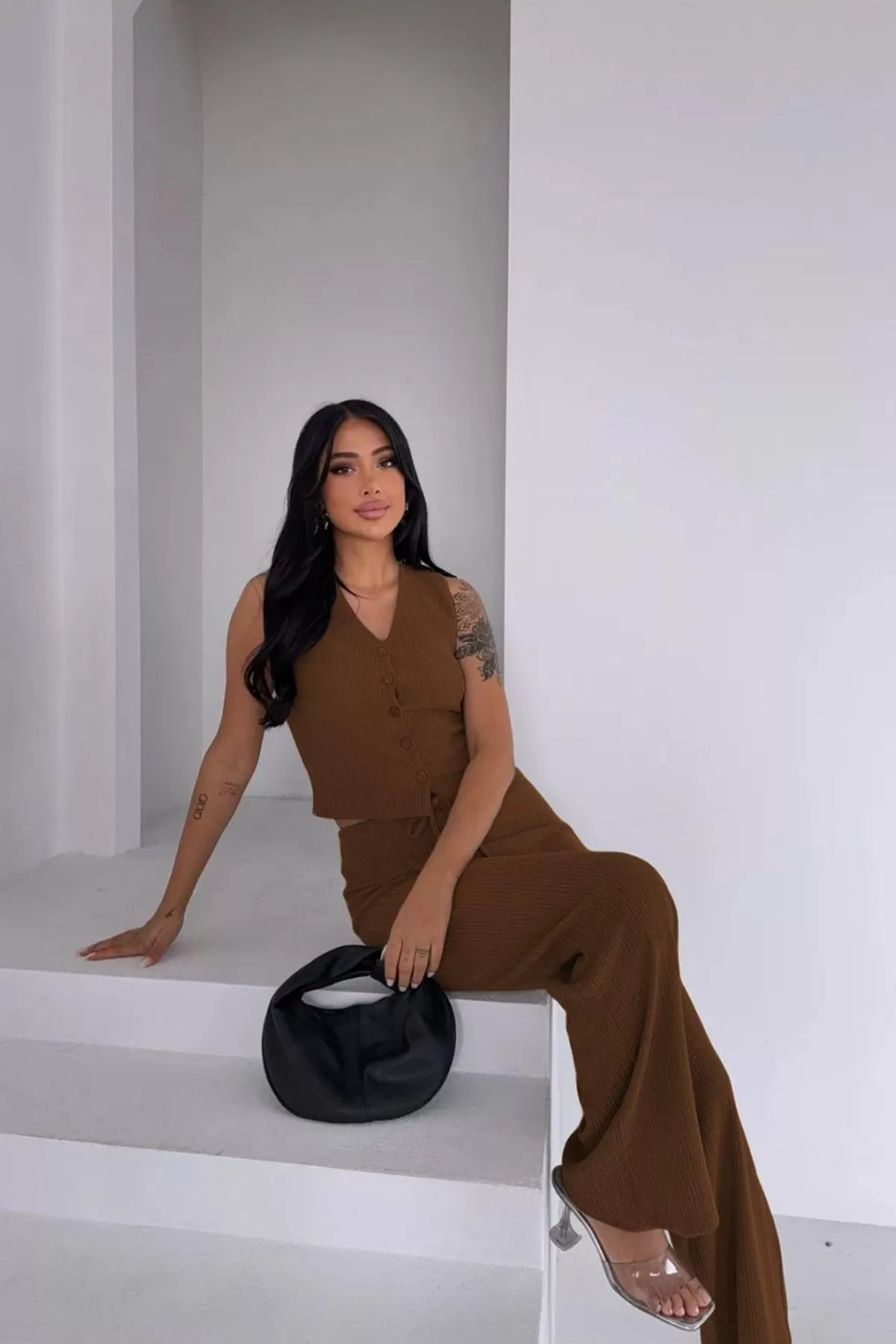 Kahverengi Pantolon Bluz Alt Üst Takım