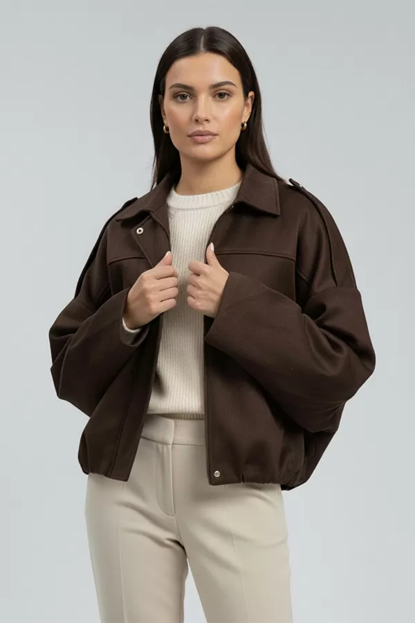 Kahverengi Süet Bol Kadın Bomber Ceket