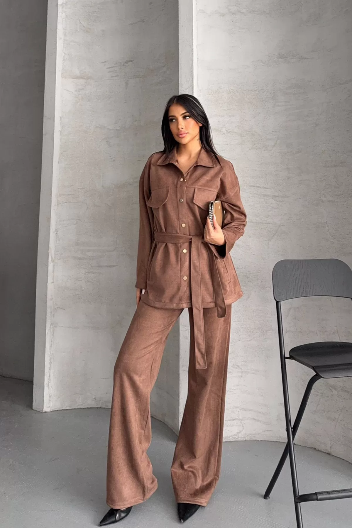 Kahverengi Süet Kadın Alt Üst Takım