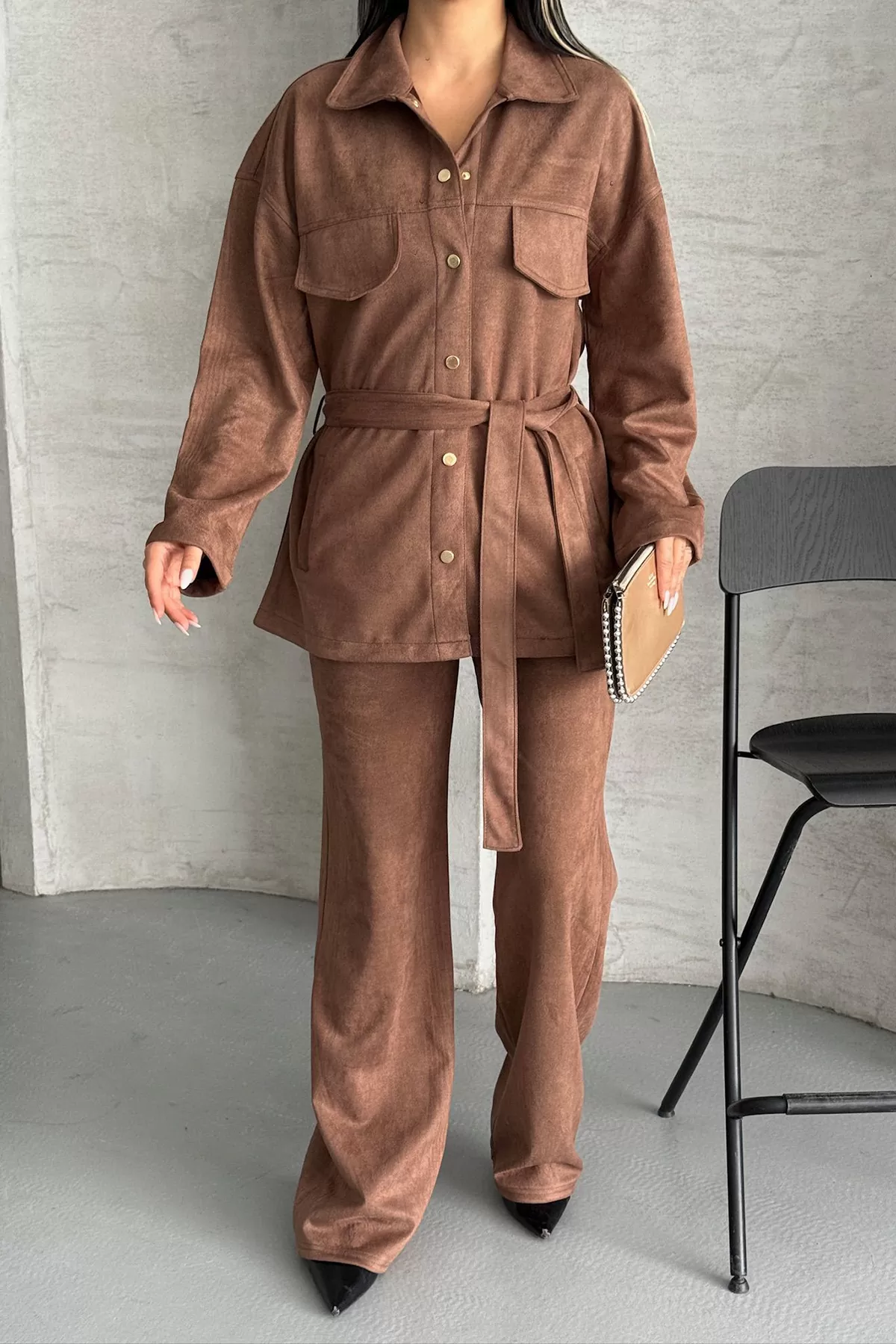Kahverengi Süet Kadın Alt Üst Takım
