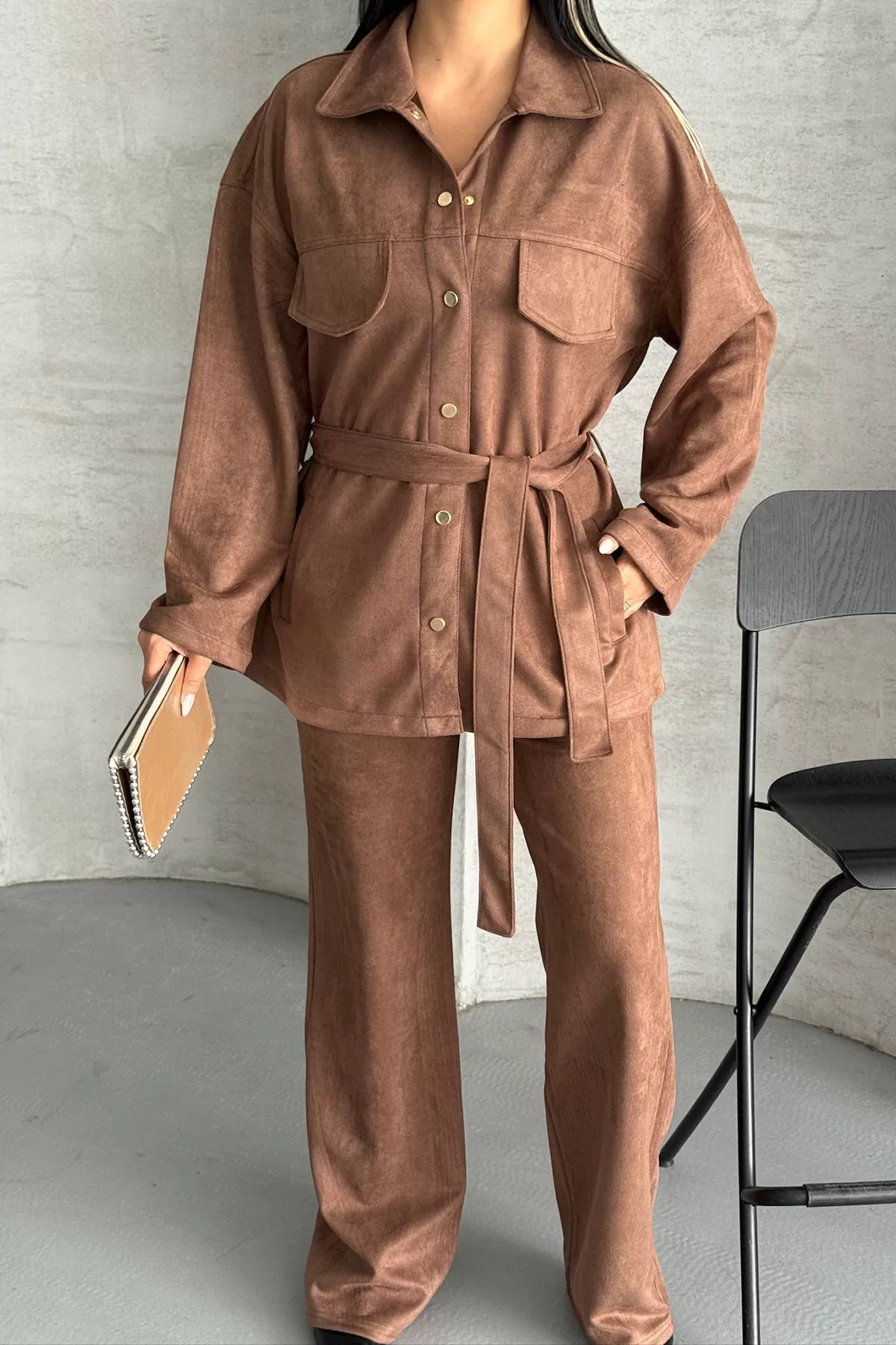 Kahverengi Süet Kadın Alt Üst Takım