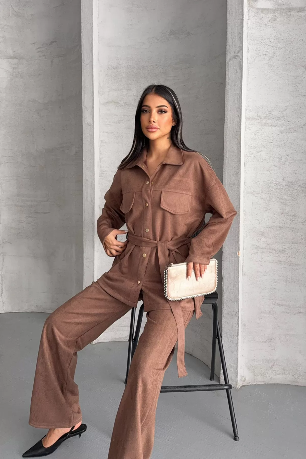 Kahverengi Süet Kadın Alt Üst Takım