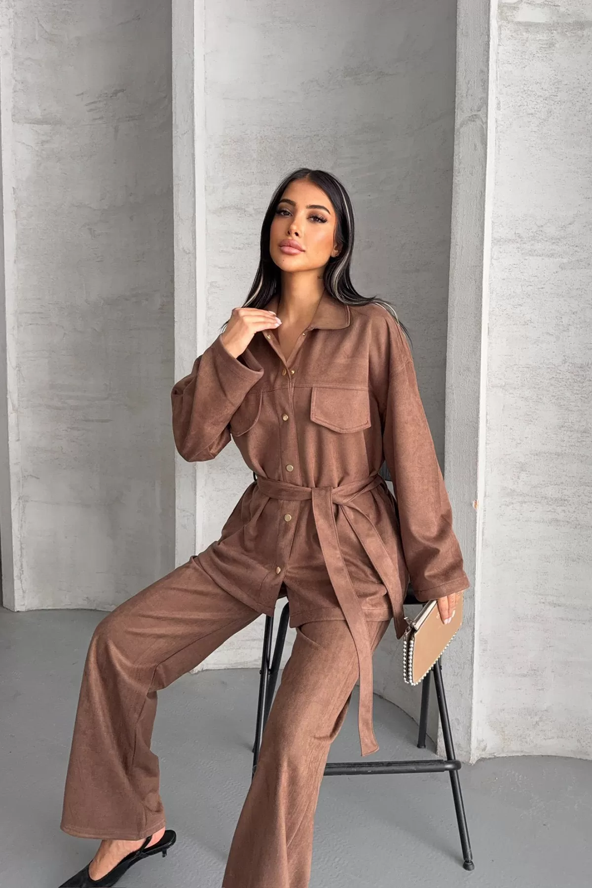 Kahverengi Süet Kadın Alt Üst Takım