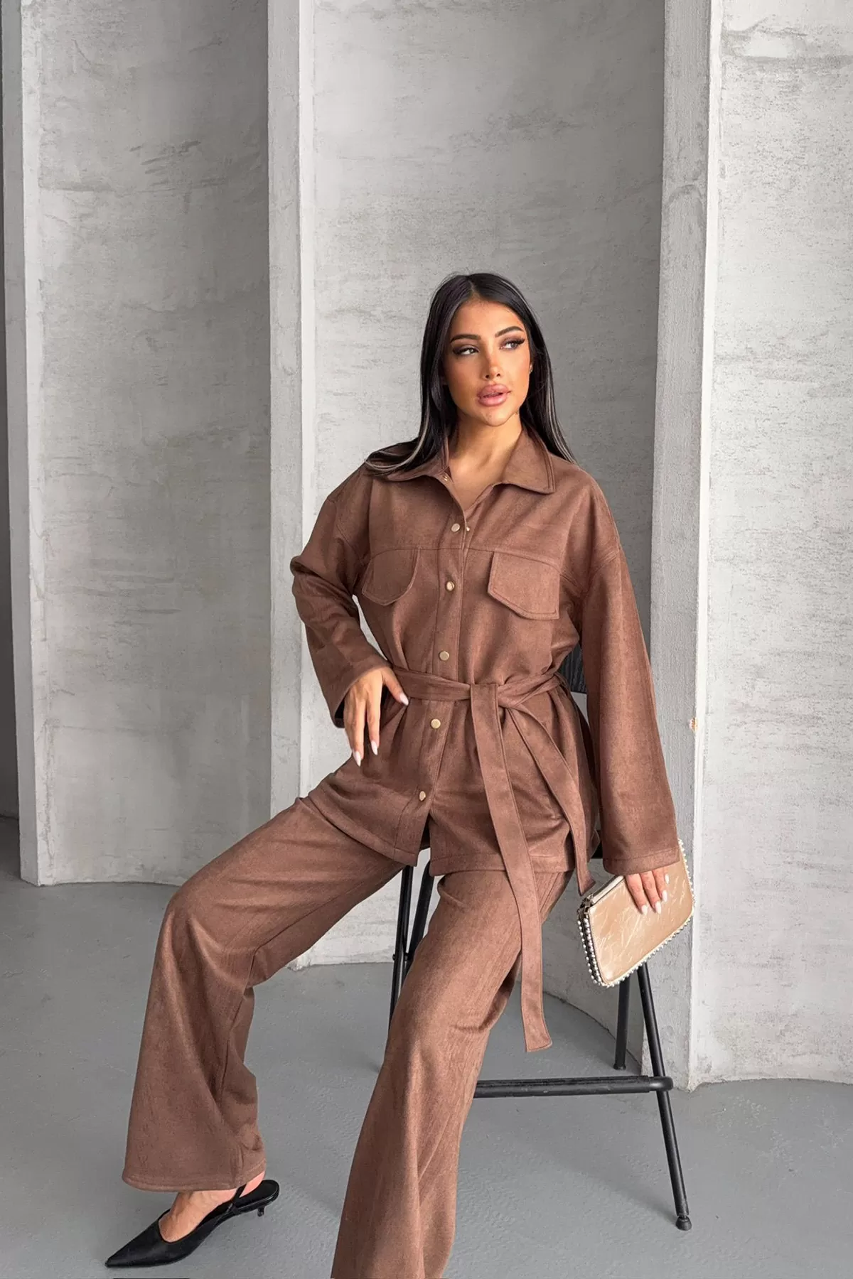 Kahverengi Süet Kadın Alt Üst Takım