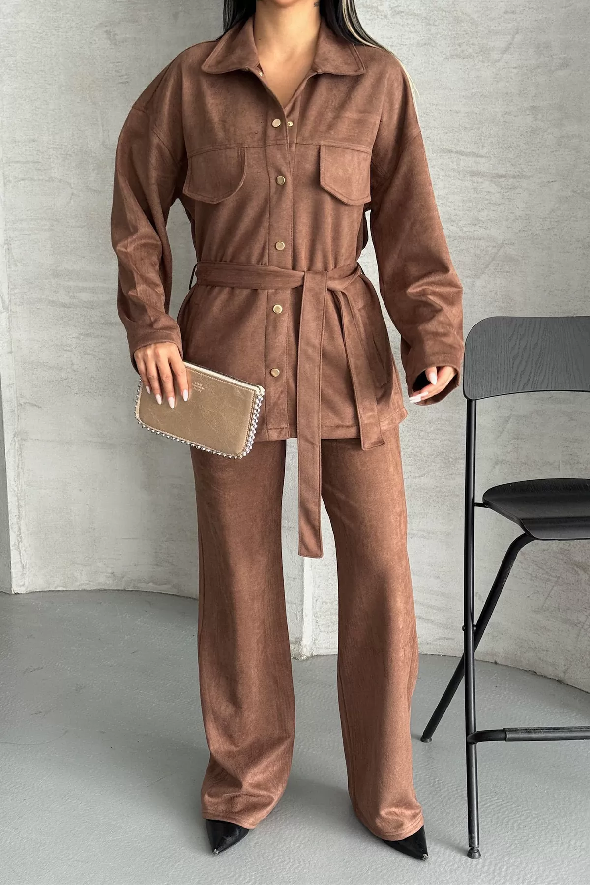 Kahverengi Süet Kadın Alt Üst Takım
