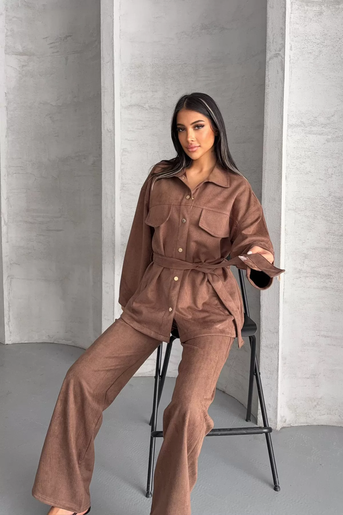 Kahverengi Süet Kadın Alt Üst Takım