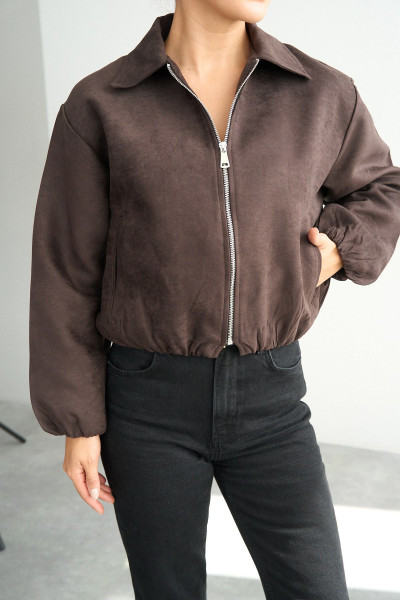 Kahverengi Süet Kadın Bomber Ceket