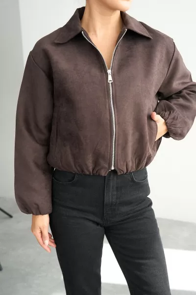 Kahverengi Süet Kadın Bomber Ceket
