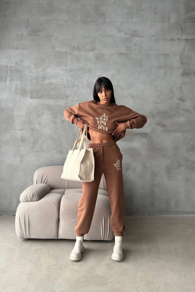 Kahverengi Sweatshirt Eşofman Altı Kadın Takım