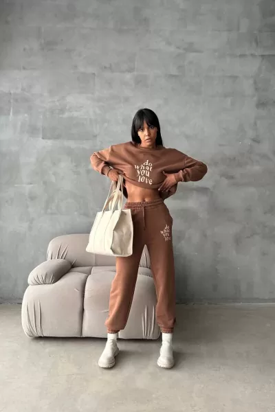 Kahverengi Sweatshirt Eşofman Altı Kadın Takım