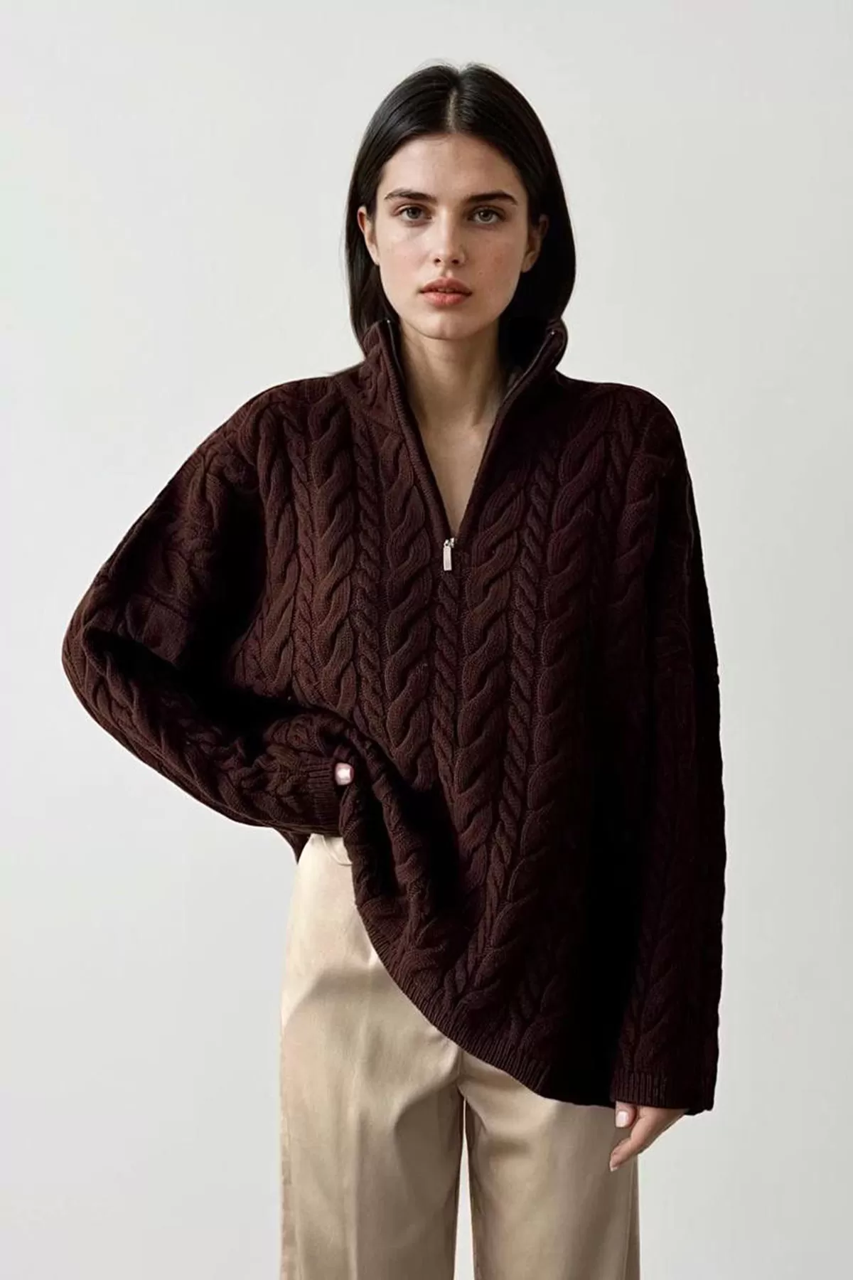 Fermuarlı Kahverengi Triko Kadın Kazak