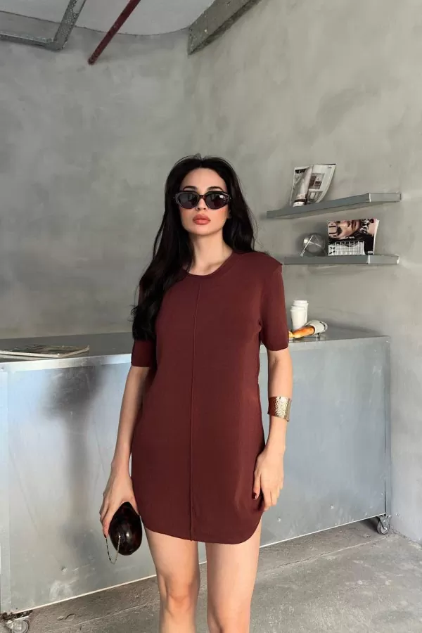 Kahverengi Triko Kısa Kollu Süper Mini Elbise