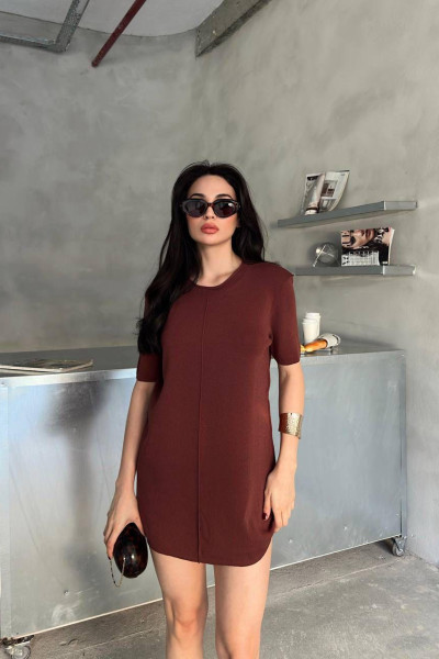 Kahverengi Triko Kısa Kollu Süper Mini Elbise