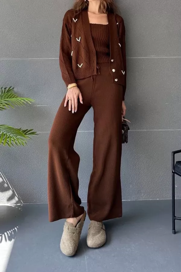 Kahverengi Triko Pantolon Hırka Atlet Kadın Üçlü Takım