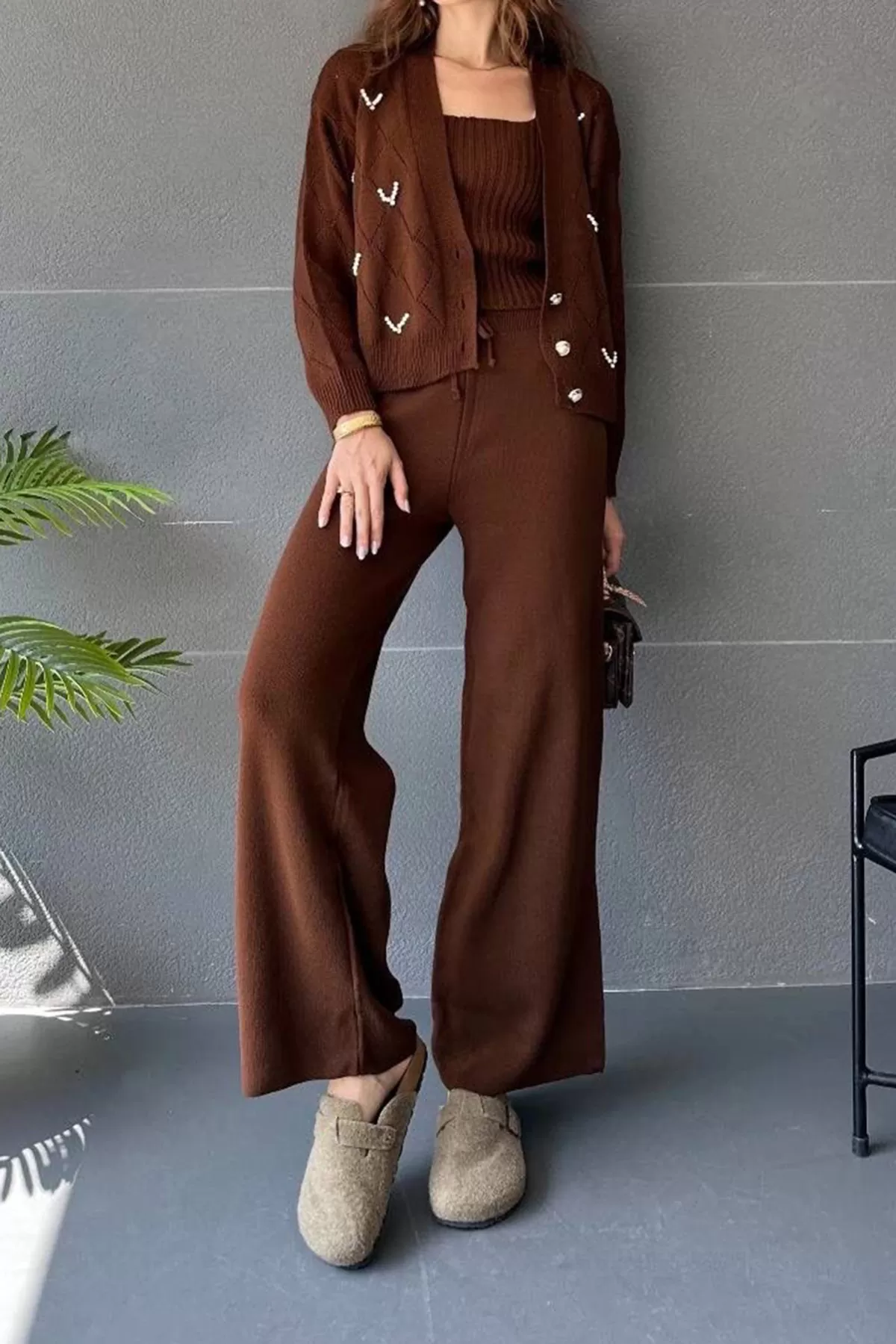 Kahverengi Triko Pantolon Hırka Atlet Kadın Üçlü Takım