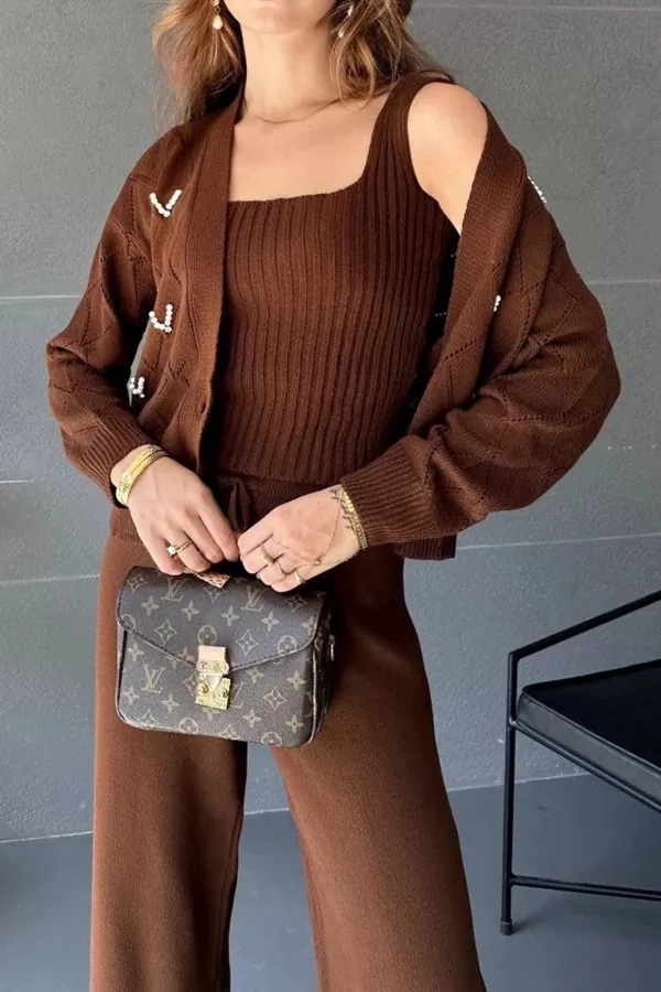 Kahverengi Triko Pantolon Hırka Atlet Kadın Üçlü Takım