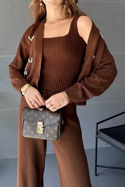 Kahverengi Triko Pantolon Hırka Atlet Kadın Üçlü Takım