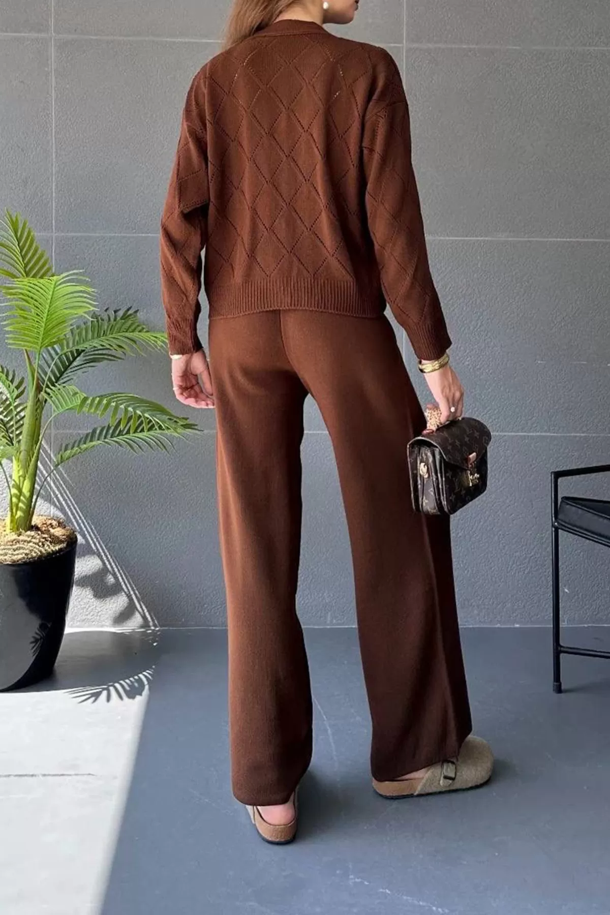 Kahverengi Triko Pantolon Hırka Atlet Kadın Üçlü Takım