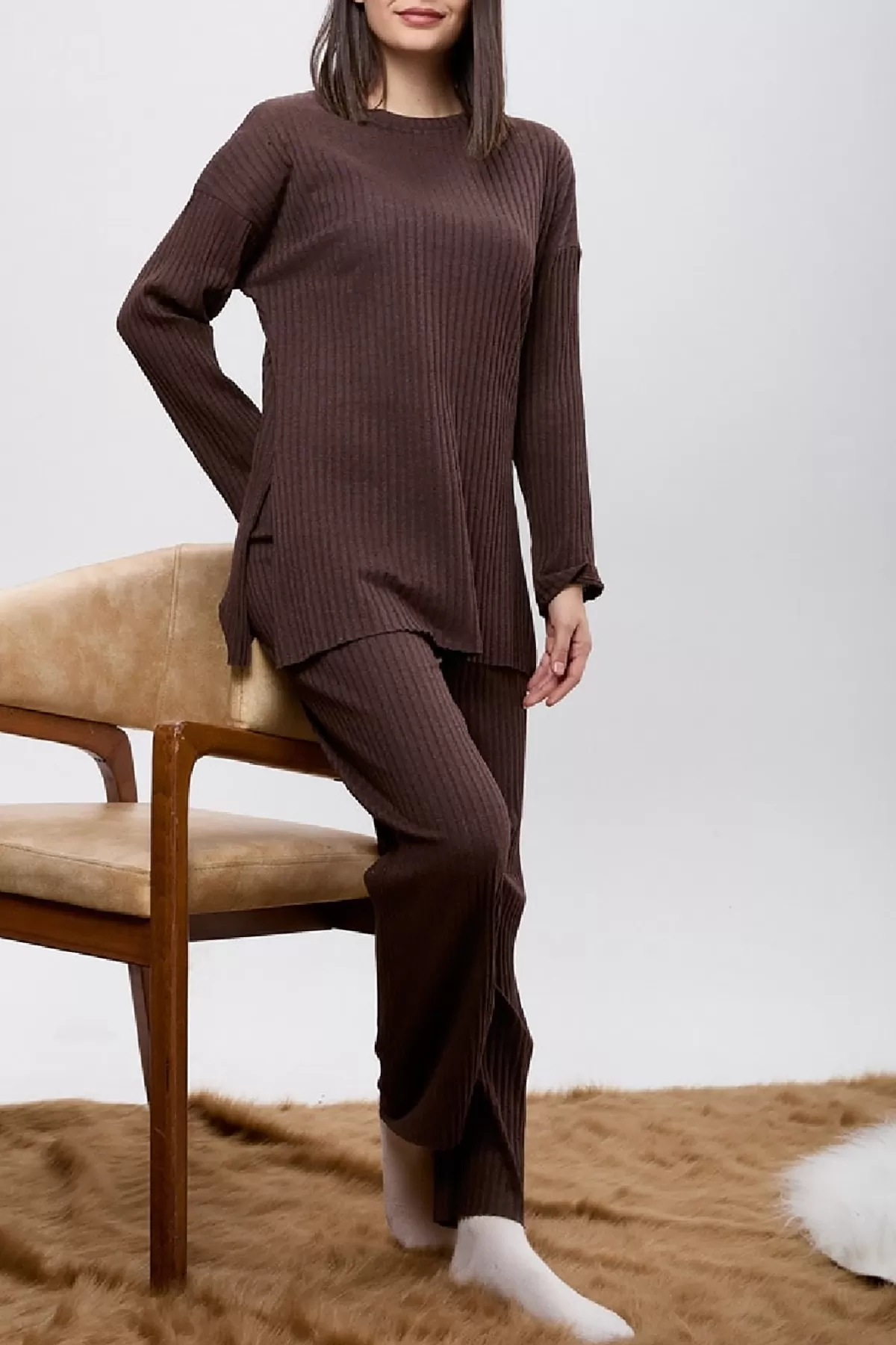 Kahverengi Tunik Pantolon İkili Takım