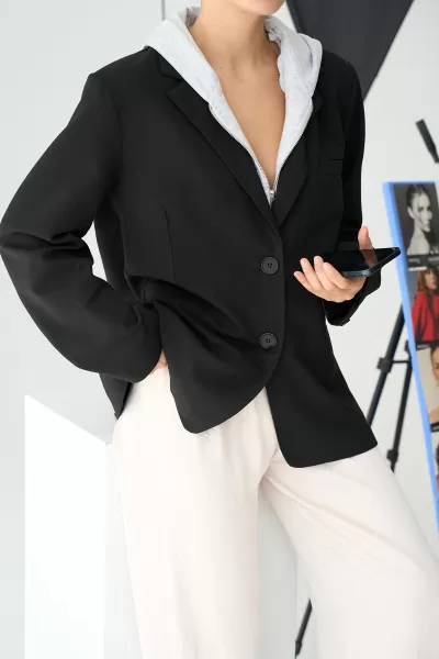 Kapüşonlu Fermuarlı Gri Siyah Kadın Ceket