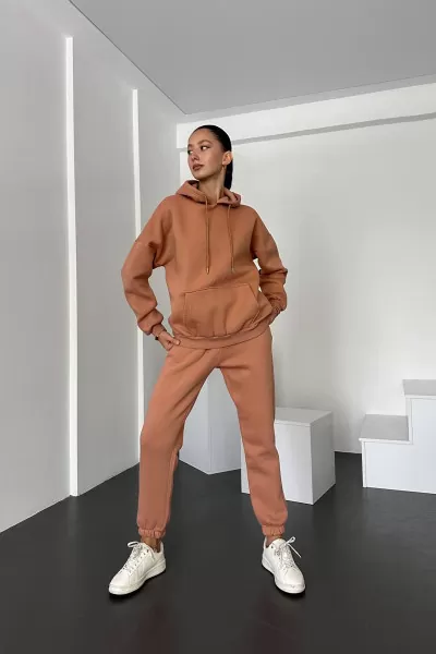 Kapüşonlu Kahverengi Kadın Alt Üst Takım