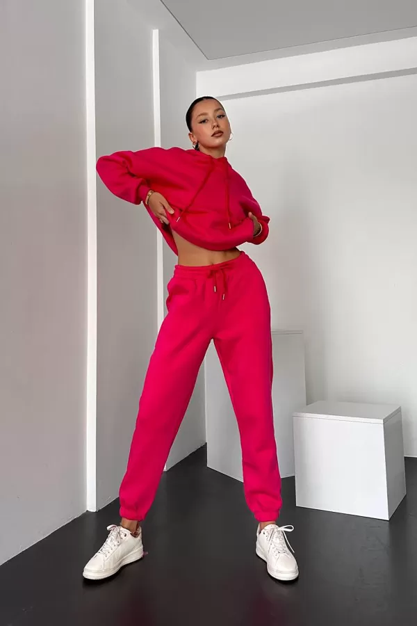 Kapüşonlu Kırmızı Kadın Alt Üst Takım