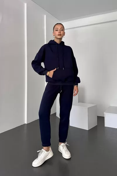 Kapüşonlu Koyu Lacivert Kadın Alt Üst Takım