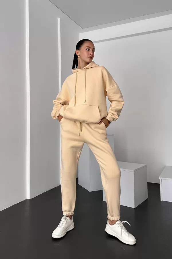 Kapüşonlu Krem Kadın Alt Üst Takım