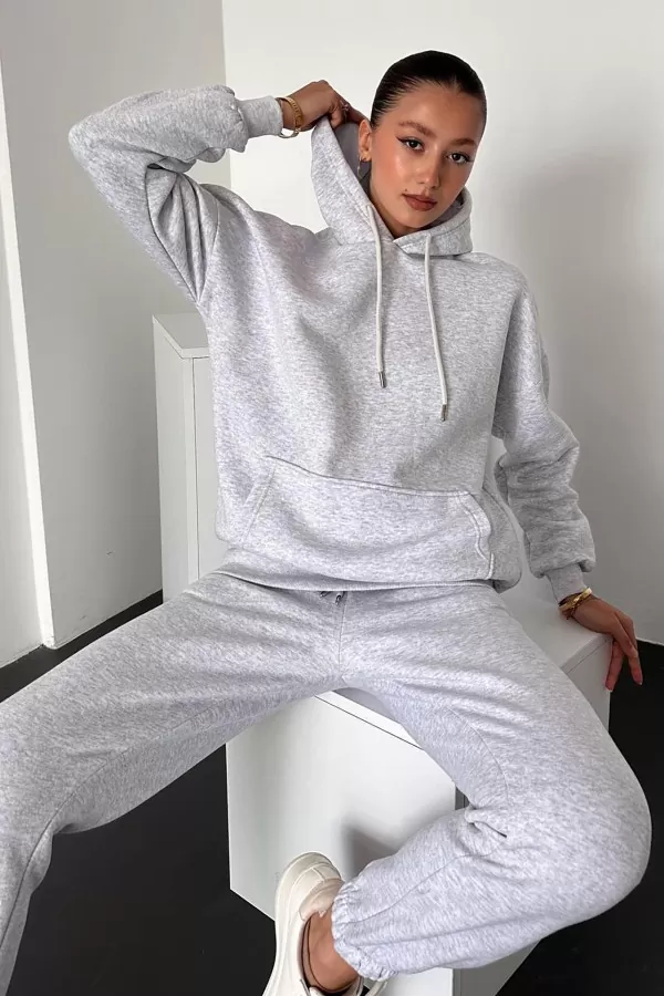 Kapüşonlu Melanjlı Gri Kadın Alt Üst Takım