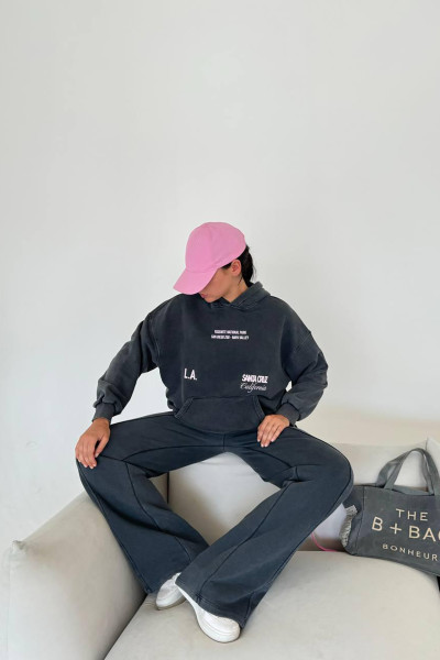 Kapüşonlu Pamuklu Antrasit Kadın Eşofman Takımı