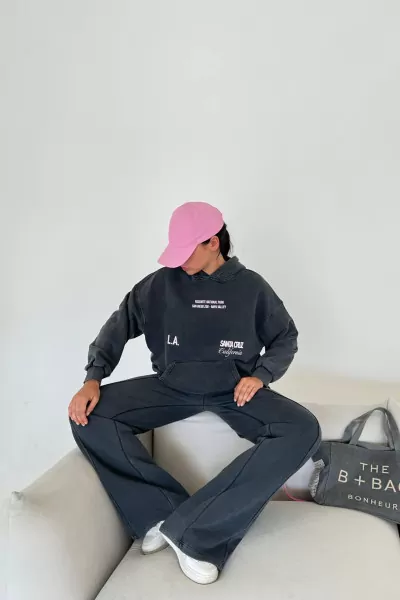 Kapüşonlu Pamuklu Antrasit Kadın Eşofman Takımı